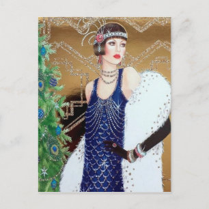Christmas holiday retro vintage art deco lady postcard