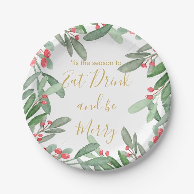 Christmas Holiday Season  Holly Wreath Bright Paper Plate (Front)