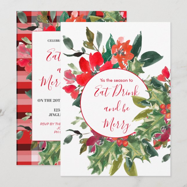 Christmas Holiday Season  Holly Wreath Red Invitation (Front/Back)