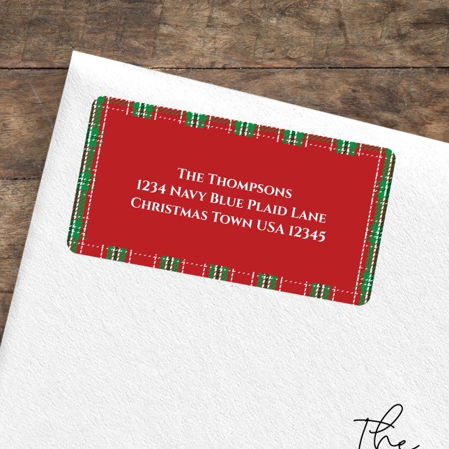 Christmas Holiday Simple Red Green Festive Plaid Label (Christmas holiday plaid pattern address label with silver snowflake design)