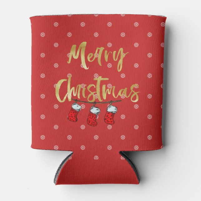 Christmas Holiday Snowflake Fun  Red Can Cooler (Front)