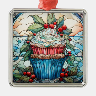 CHRISTMAS HOLIDAY STAINED GLASS CUPCAKE METAL ORNAMENT