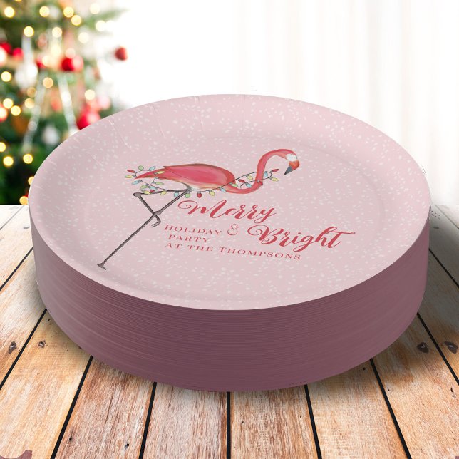 Christmas Holiday String Lights Merry and Bright  Paper Plate ("Merry & Bright" Whimsical cute holiday pink flamingo paper plate. )