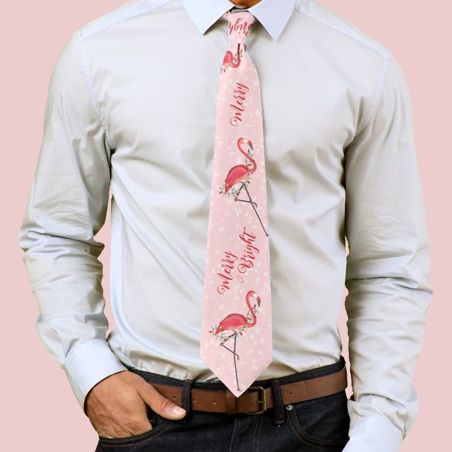Christmas Holiday String Lights Merry and Bright  Tie (Pink flamingos neck tie.)