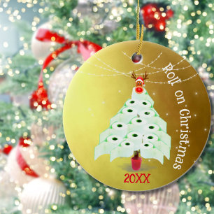 Christmas Holiday Toilet Roll Tree Lights Gold Ceramic Ornament