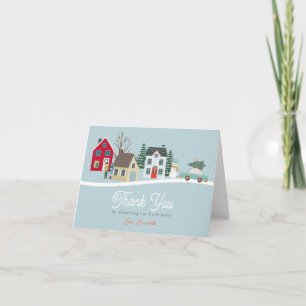 Christmas Holiday Town/Village Blue Baby Shower Thank You Card