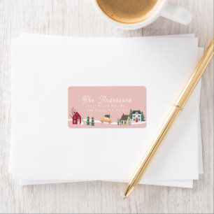 Christmas Holiday Town/Village Pink Address Label