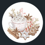 Christmas Holiday Treats Classic Round Sticker<br><div class="desc">Christmas Holiday Treats Sticker. Festive Traditional seasonal and holiday treats round sticker with colourful graphics of hot chocolate, gingerbread cookies, candy cane and cinnamon with traditional floral backdrop design. Perfect to add that Christmas celebration to crafts, card envelopes and gifts or just about anything that could use that special holiday...</div>