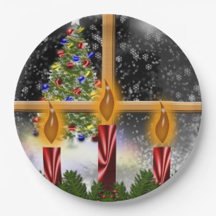Christmas Holiday Tree Candles Decorated Window Paper Plate