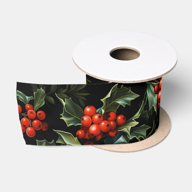 Christmas/Holiday Vibrant Red Berries & Leaves Satin Ribbon (Spool)