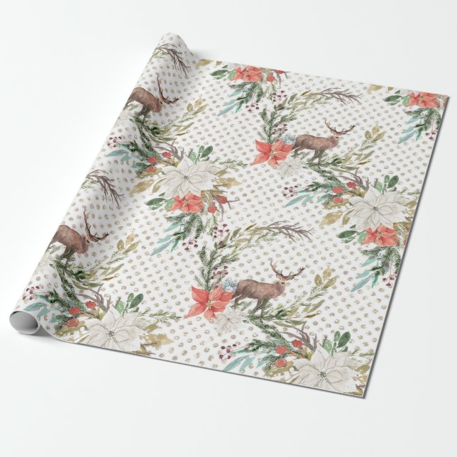 Christmas Holiday - Watercolor Deer & Pointsettia2 Wrapping Paper (Unrolled)