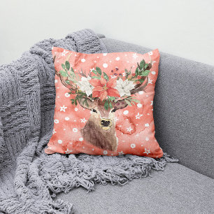 Christmas Holiday - Watercolor Deer & PointsettiaR Throw Pillow