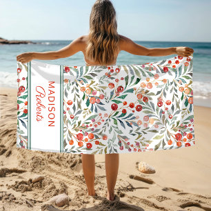 Christmas Holiday Watercolor Floral Personalized Beach Towel
