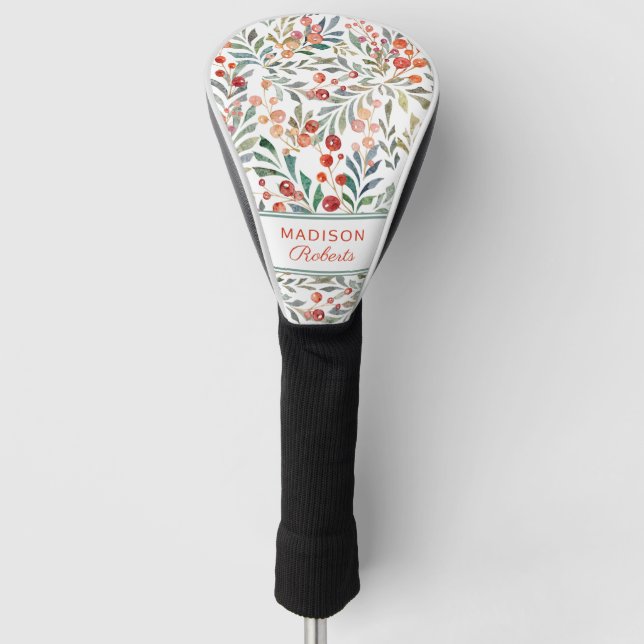 Christmas Holiday Watercolor Floral Personalized Golf Head Cover (Front)