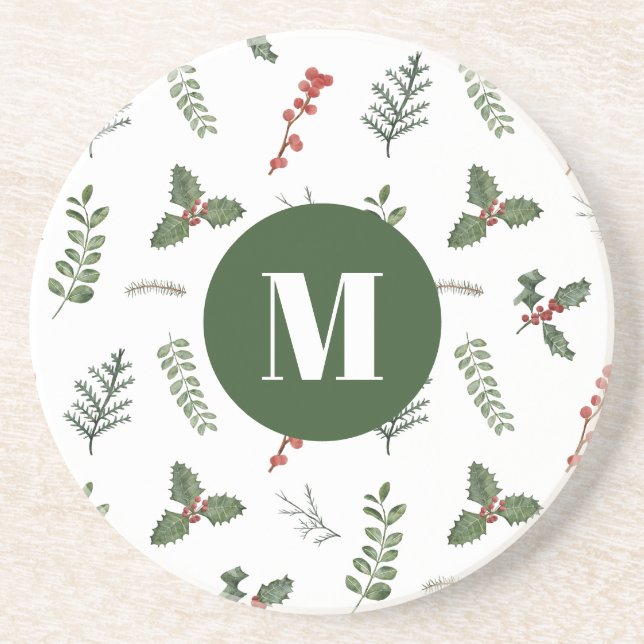 Christmas Holiday Watercolor Greenery and Berry Coaster (Front)