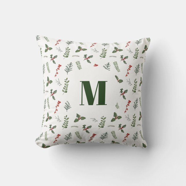 Christmas Holiday Watercolor Greenery and Berry Throw Pillow (Front)