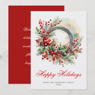 Christmas Holiday Watercolor Holly Berry Wreath Card