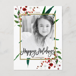 Christmas Holiday Watercolor Modern Floral Photo Postcard