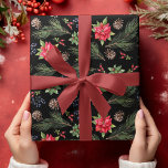 Christmas Holiday Watercolor Poinsettia Floral Wrapping Paper<br><div class="desc">A decorative wrapping paper for the Christmas holiday season featuring hand-painted botanical watercolor illustrations of poinsettia flowers,  winter greenery,  pine cones and spruce branches and berries on a black background.</div>