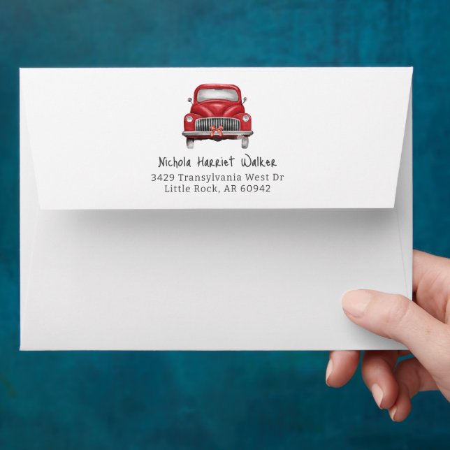 Christmas Holiday Watercolor Red Truck Envelope (Hand)