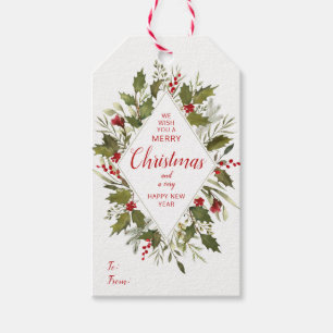 Christmas Holiday Watercolor Vintage Holly Wreath Gift Tags