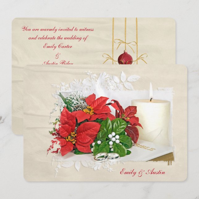 Christmas holiday wedding with rings on Bible Invitation (Front/Back)