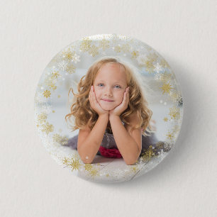 Christmas Holiday - White & Gold Snowflake Frame 2 Inch Round Button