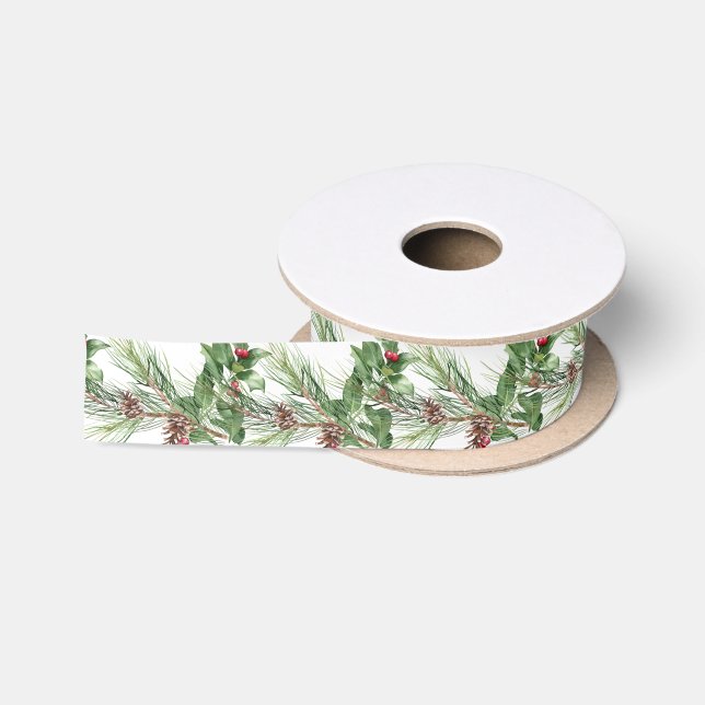 Christmas Holiday Winter Botanical Greenery Satin Ribbon (Spool)