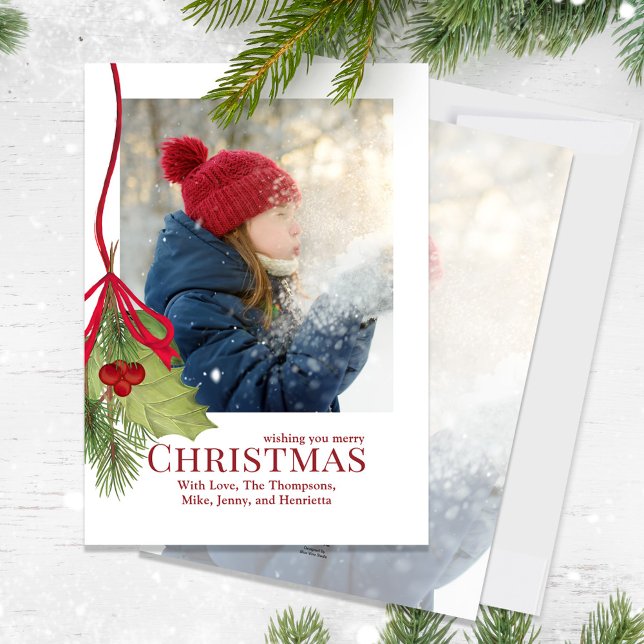 Christmas Holiday Winter Greenery Holly Photo  Card (Merry Christmas Holly red calligraphy script and greenery photo card.)