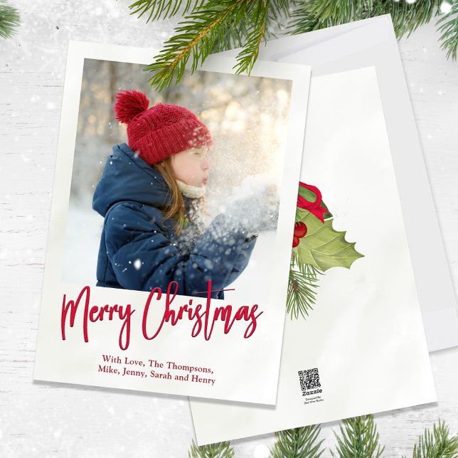 Christmas Holiday Winter Greenery Holly Photo Card (Merry Christmas Holly red calligraphy script and greenery photo card.)