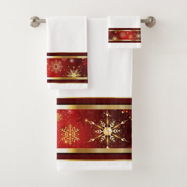 Christmas Holiday Winter Red with Gold Snowflakes Bath Towel Set (Insitu)