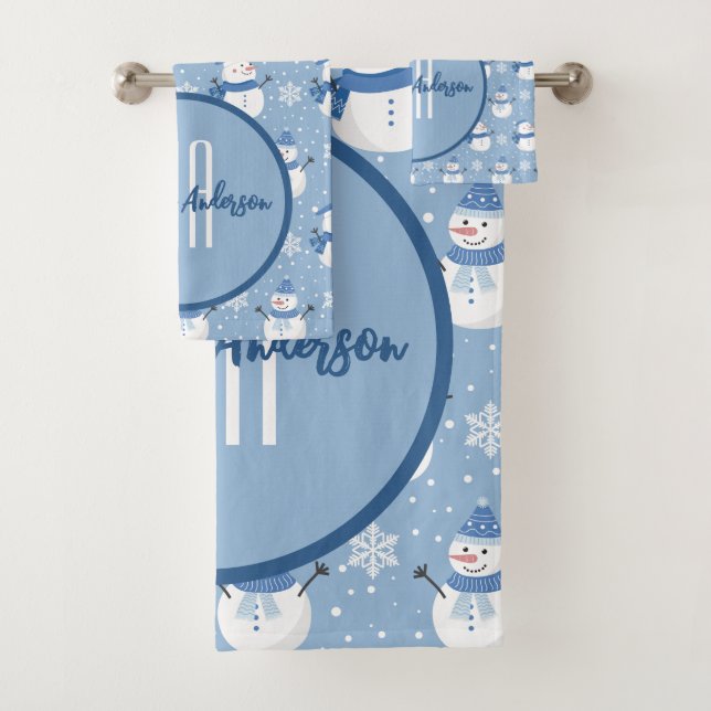 CHRISTMAS HOLIDAY WINTER SNOWMEN CUSTOM MONOGRAM BATH TOWEL SET (Insitu)