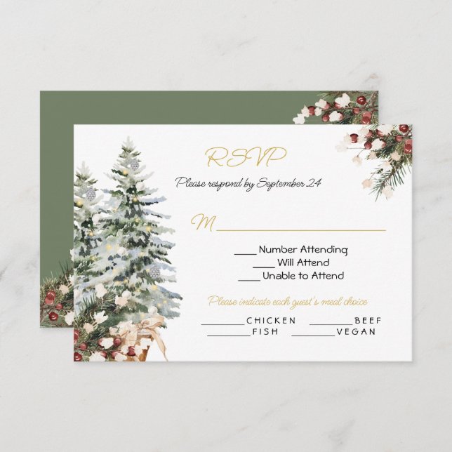 Christmas Holiday Winter Wedding RSVP Menu Choice Invitation (Front/Back)