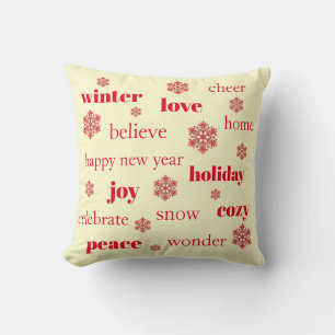 Christmas Holiday Words Typography Red Snowflakes Throw Pillow