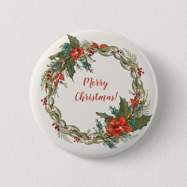 Christmas Holiday Wreath 2 Inch Round Button (Front)