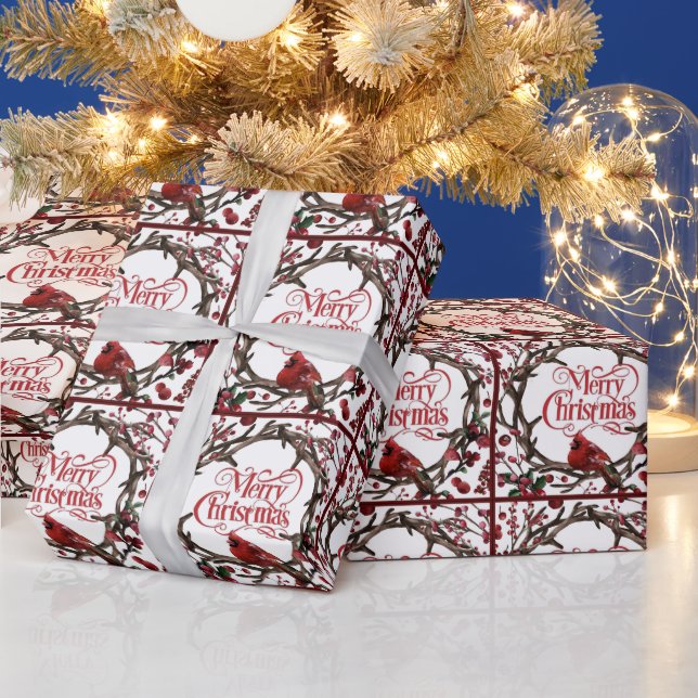 Christmas Holiday Wreath Cardinal Red Berries Wrapping Paper (Holidays)