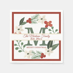 Christmas Holiday Wreath Monogram Name Christmas Napkin