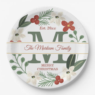 Christmas Holiday Wreath Monogram   Name Christmas Paper Plate
