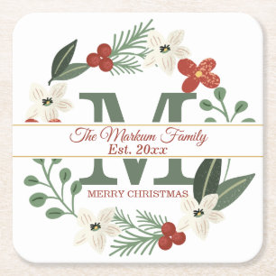 Christmas Holiday Wreath Monogram   Name Christmas Square Paper Coaster