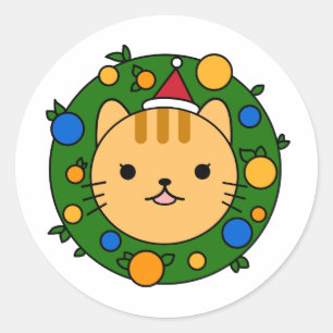 Christmas Holiday Wreath Orange Cat Favour Classic Round Sticker
