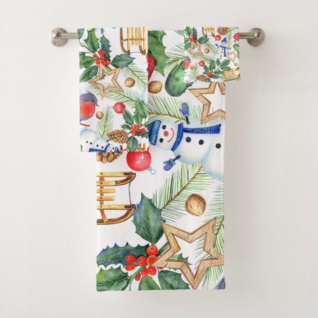 Christmas Holiday Xmas Snowman, Pine Cones, Holly Bath Towel Set (Insitu)
