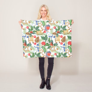 Christmas Holiday Xmas Snowman, Pine Cones, Holly Fleece Blanket