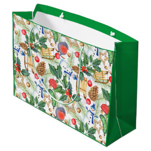 Christmas Holiday Xmas Snowman, Pine Cones, Holly Large Gift Bag
