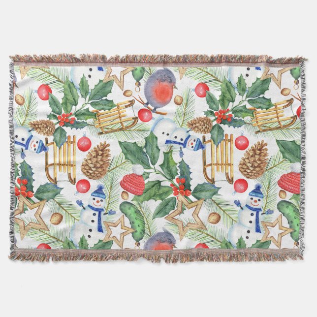 Christmas Holiday Xmas Snowman, Pine Cones, Holly Throw Blanket (Front)