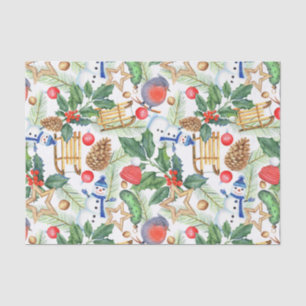 Christmas Holiday Xmas Snowman, Pine Cones, Holly Tissue Paper