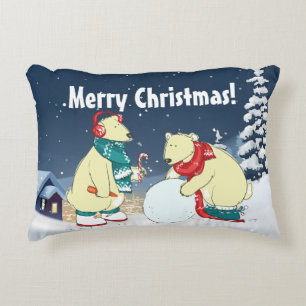 Christmas Holidays Bears in Snowy Winter Scene Accent Pillow