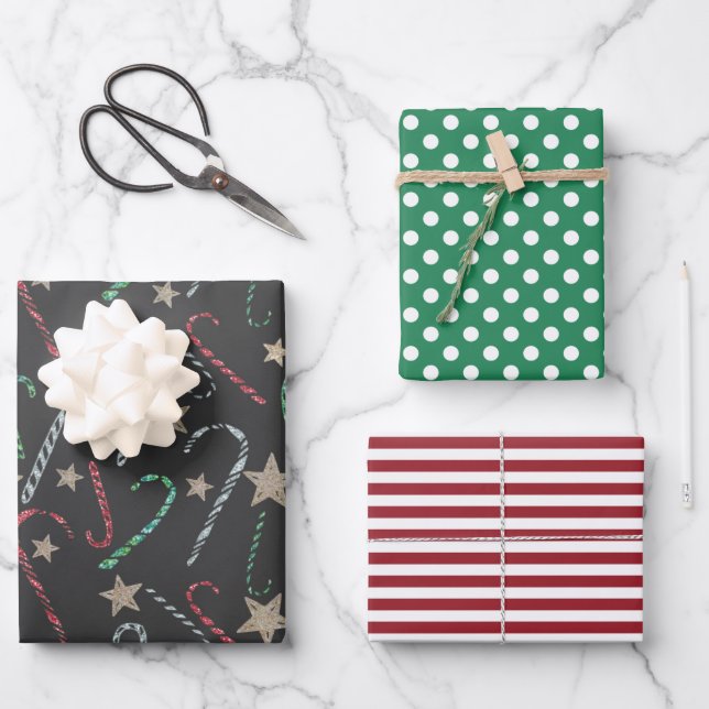 Christmas Holidays Candy Canes Dots and Stripes Wrapping Paper Sheet (Front)