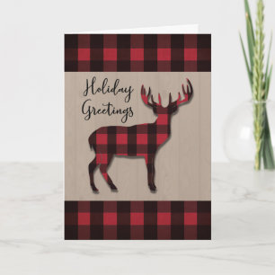 Christmas Holidays Deer in Red Black Plaid Wood Card