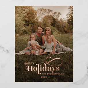 Christmas Holidays Family Photo Rustic Rose Gold Foil Holiday Postcard