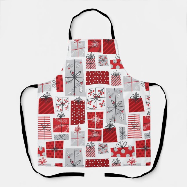 Christmas Holidays Festive Red Silver Modern Gifts Apron (Front)